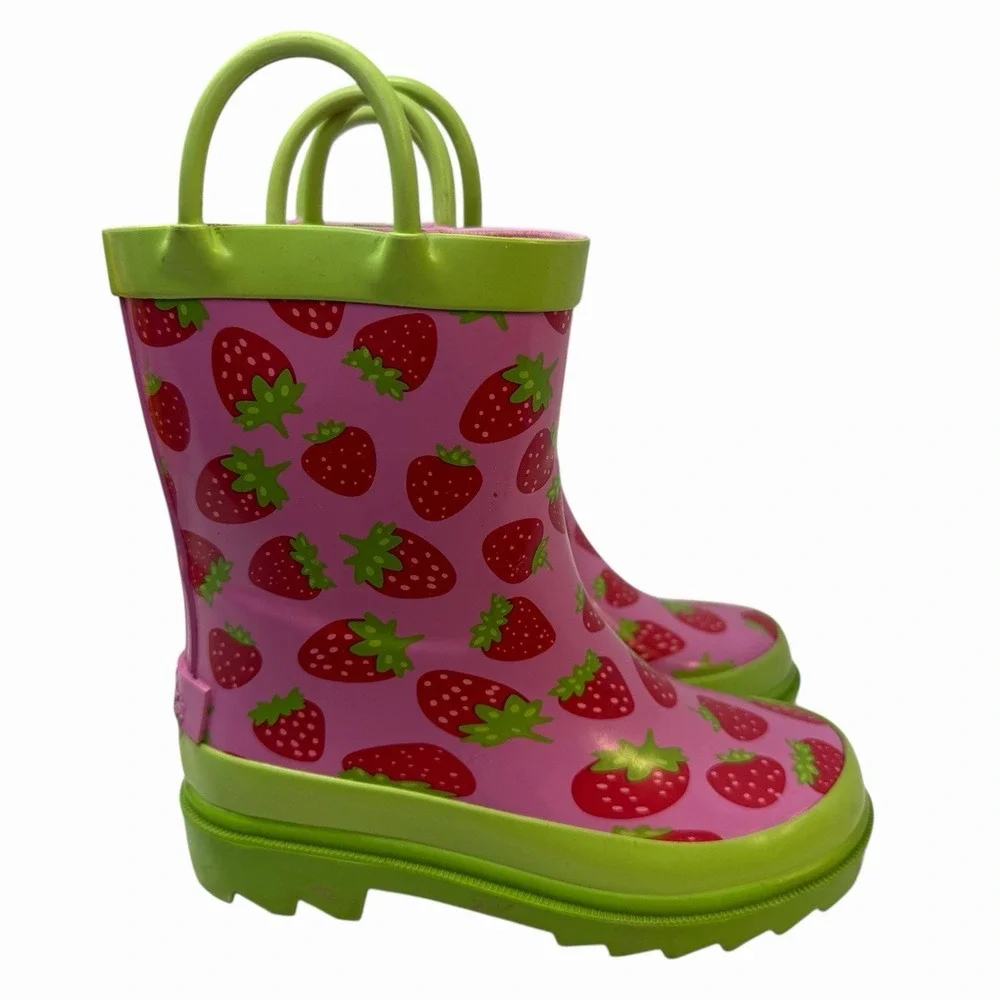 Blue Mountain Kids Strawberry Print Pink Lime Green Rubber Rain Boots BM230 13/1